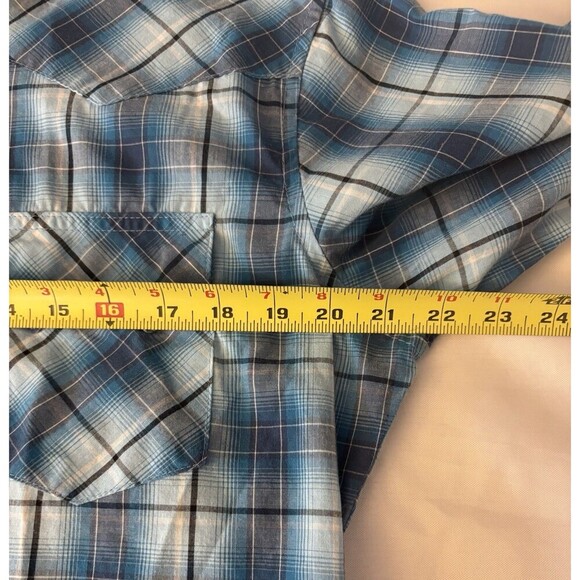WRANGLER Plaid Pearl Snap Shirt Mens Medium Blue Western Cowboy Chest Pockets - Picture 9 of 10